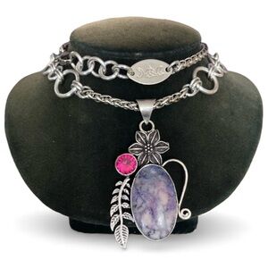 Genuine lavender agate gemstone boho flower design maille detail chain necklace